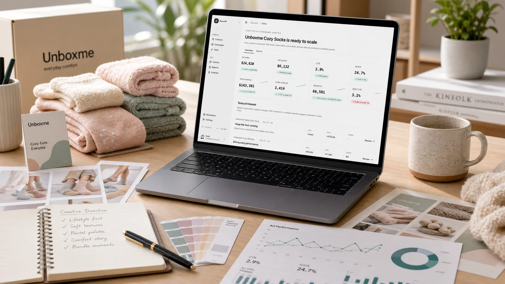UnboxMe product creative beside the BoostSR dashboard